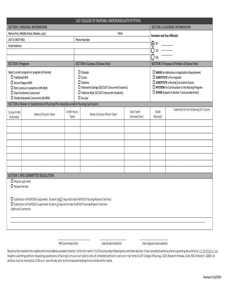  College of Nursing Undergraduate Petition Guidelines UCF 2020-2024