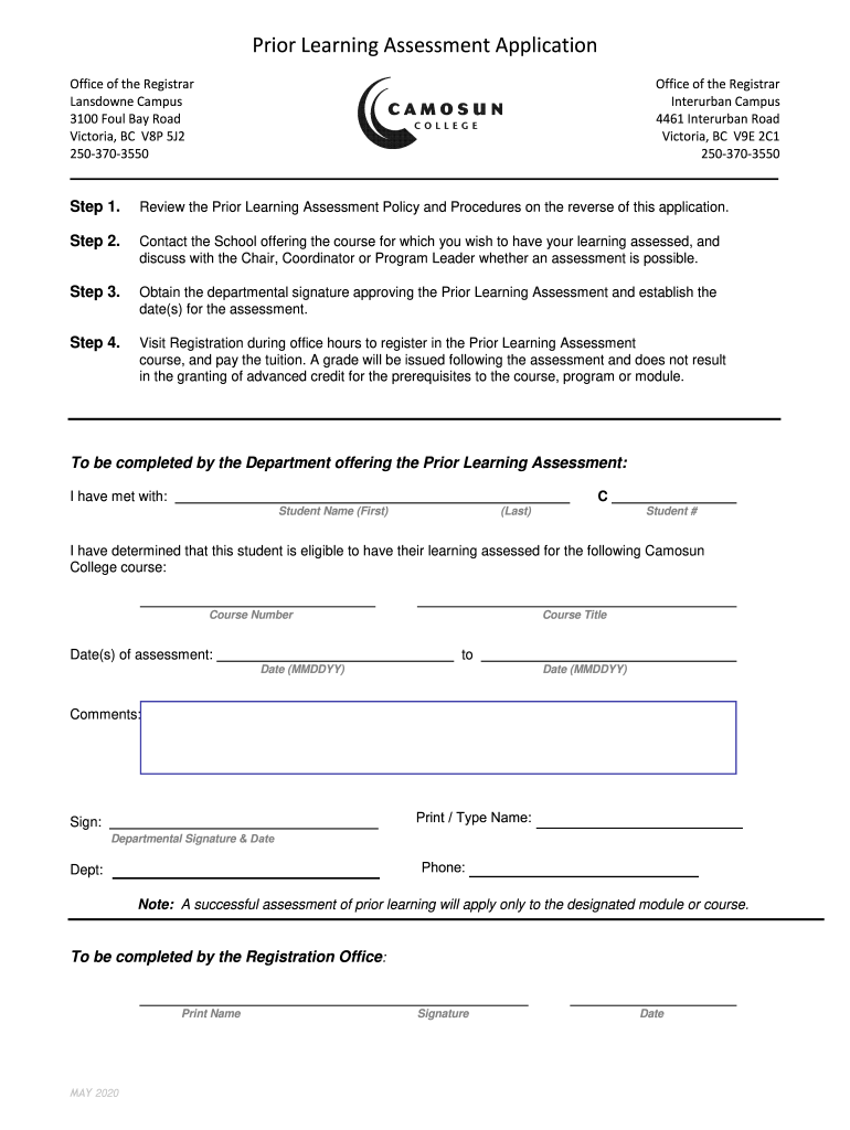  Prior Learning Assessment Application Form Camosun 2020-2024