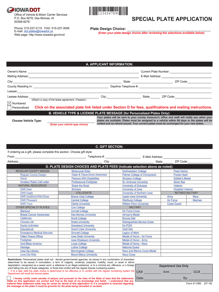 411260 Personalized or Special Plate Application E PDF  Form