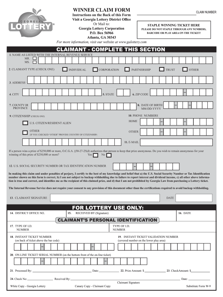  Ga Lottery Winner Claim Form 2019-2024