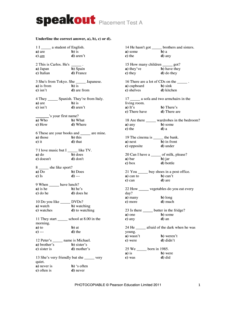 Speakout Placement Test Instructions  Form