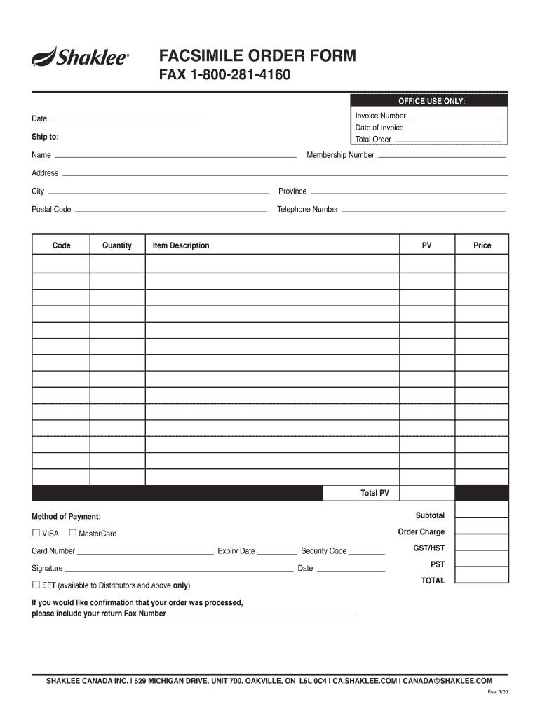  Facsimile Order Form Shaklee 2020-2024