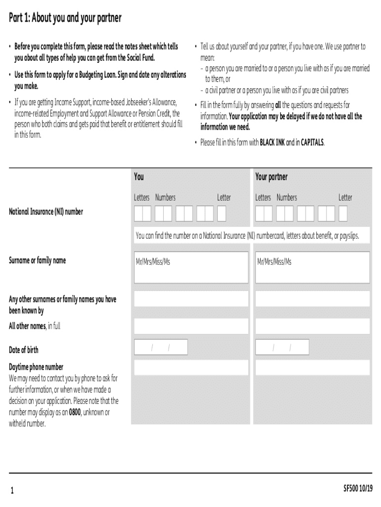  SF500 Application for a Budgeting Loan 2019