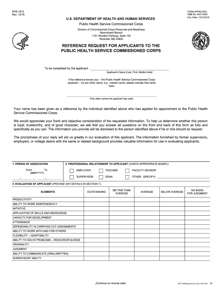  FORM PSC 1813 Reference Request for Applicants to the Commissioned Corps of the U S Public Health Service 2016