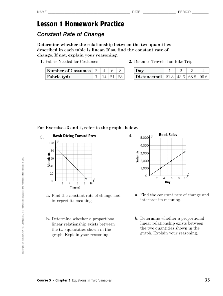 Lesson 1 Homework Practice Constant Rate of Change  Form