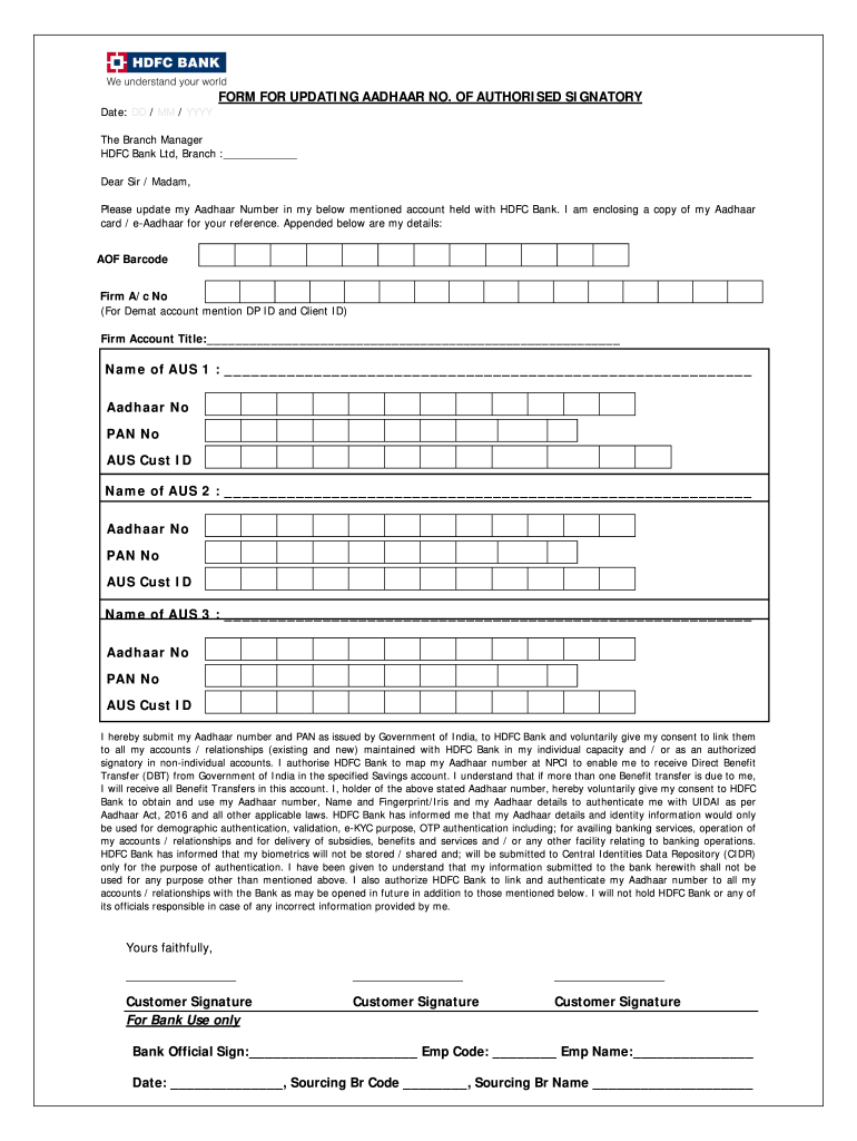 FORM for UPDATING AADHAAR NO