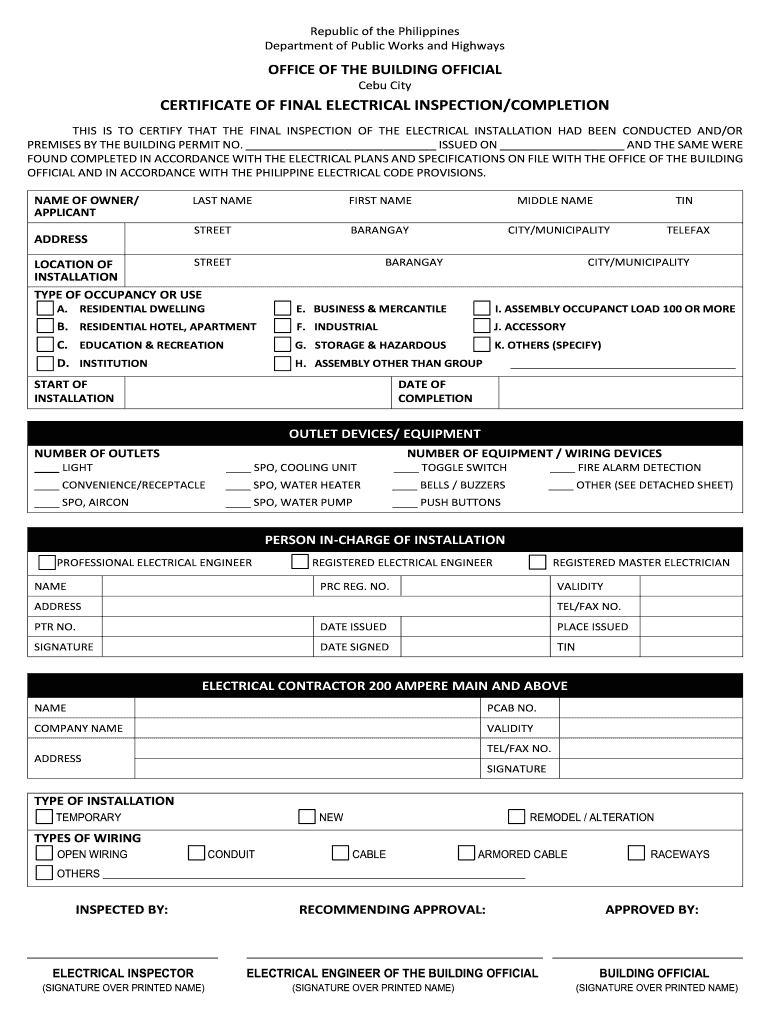 Certificate of Final Electrical Inspection Form