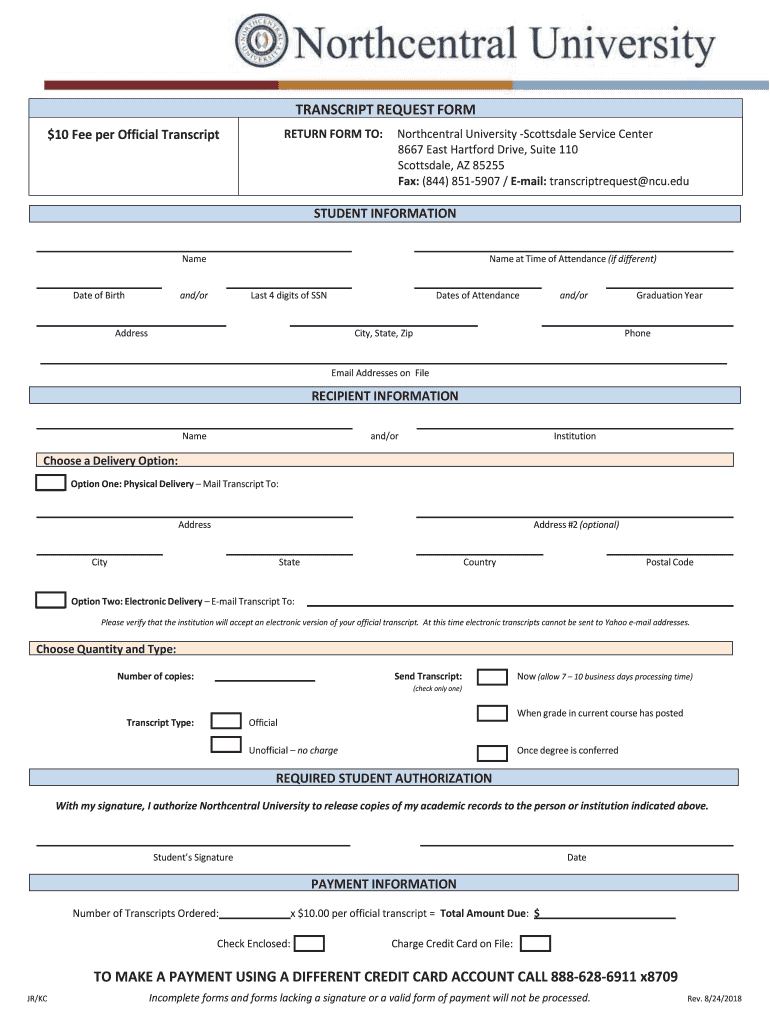  NCU Transcript Request Form 2018-2023