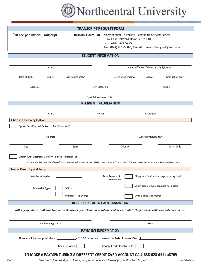  NCU Transcript Request Form 2018-2024