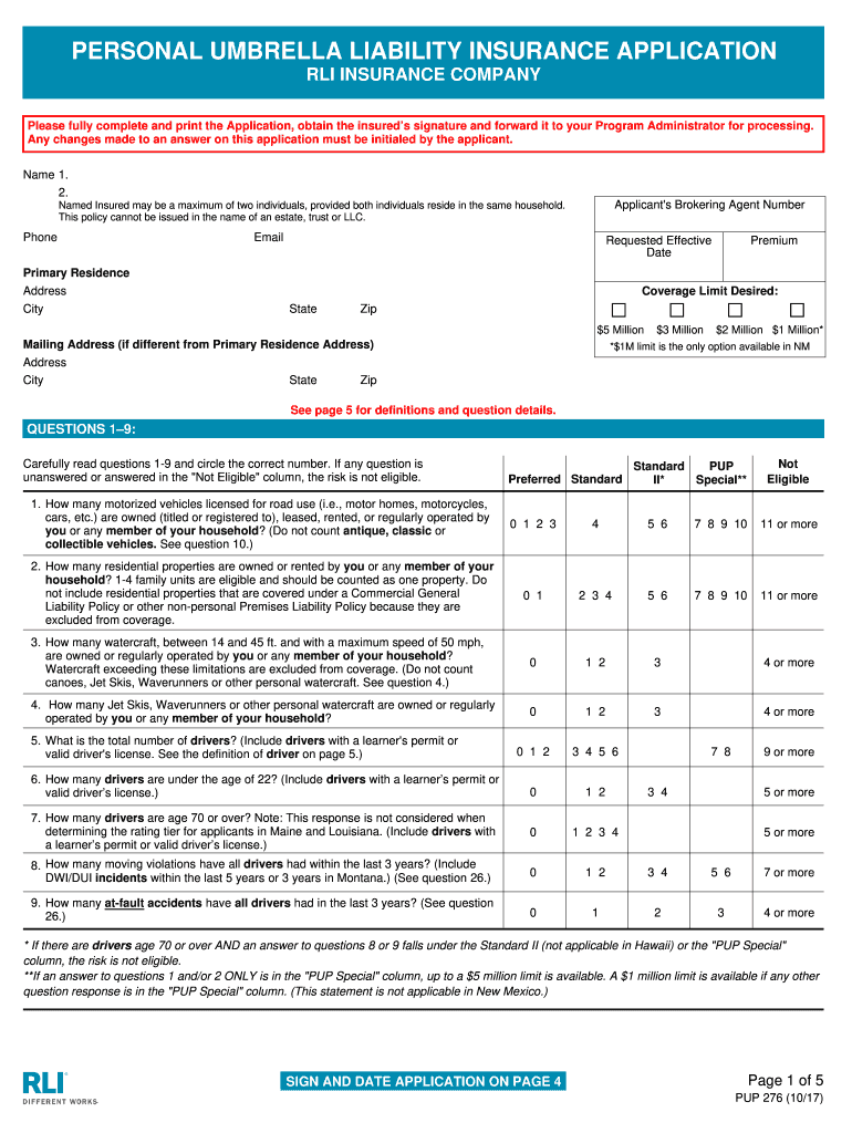  Personal Umbrella Liability Insurance Application the 2017-2024