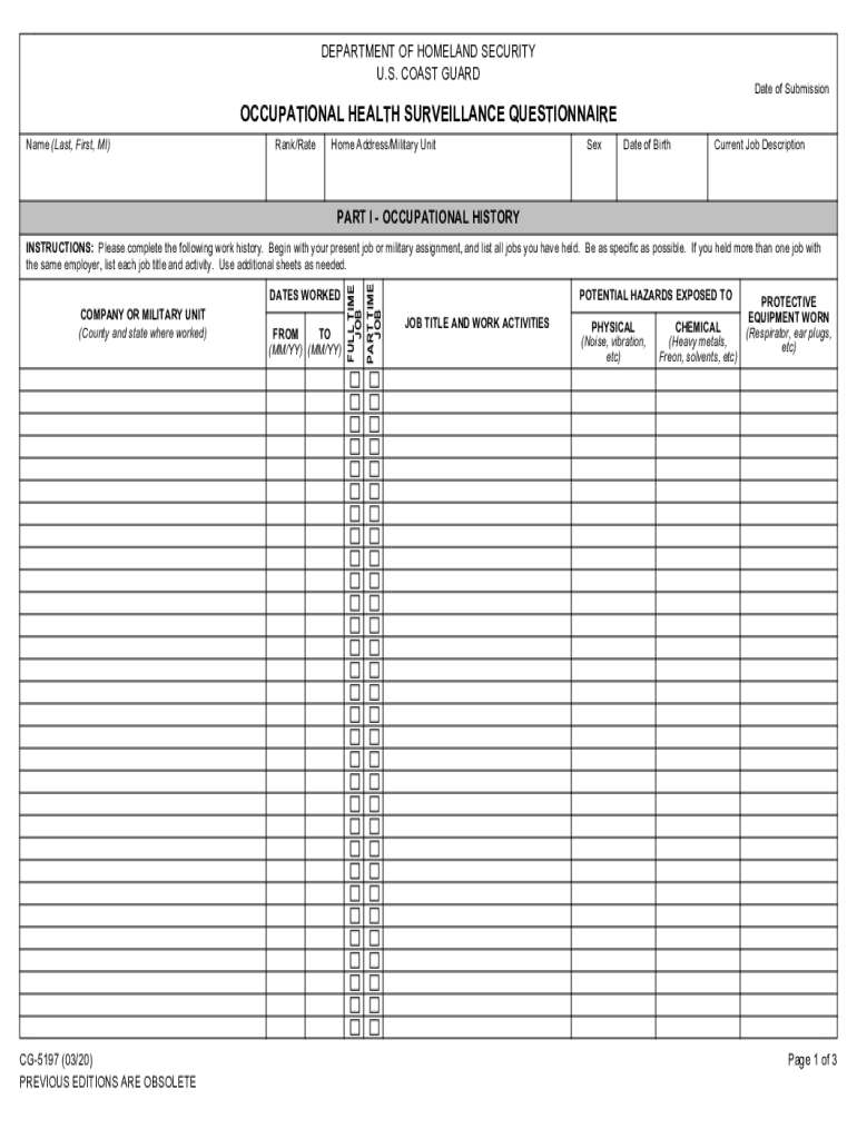 CG 5197 OCCUPATIONAL HEALTH SURVEILLANCE QUESTIONNAIRE  Form