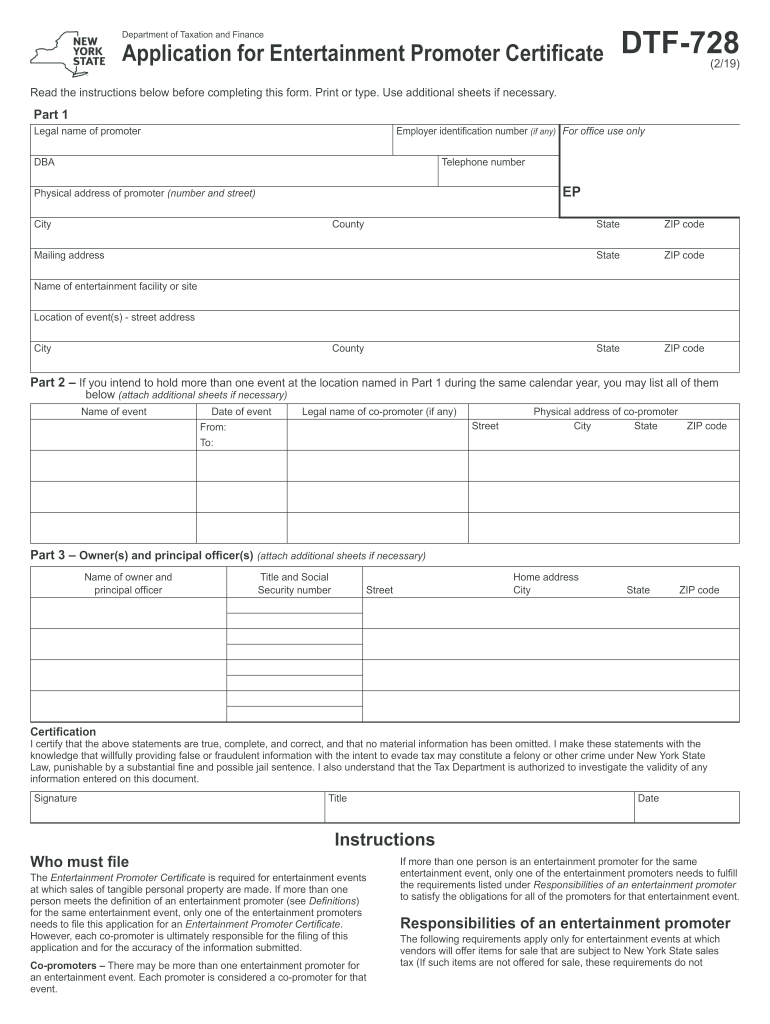 Application for Entertainment Promoter Certificate, Dtf728  Form