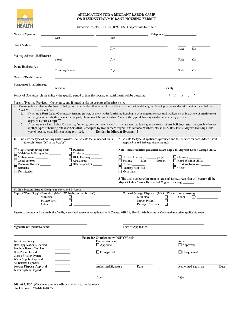  Application for a Migrant Labor Camp or Residential Migrant 2007-2024