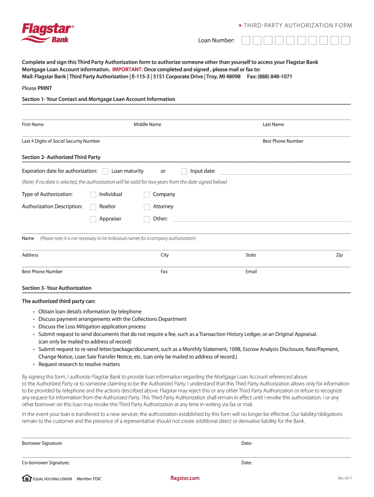  Flagstar Bank Third Party Authorization Form Fill Online 2017-2024