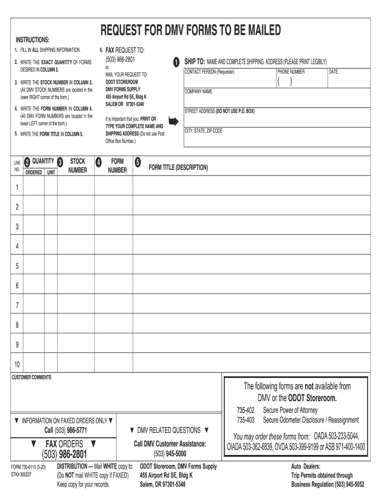  Request for Dmv Forms to Be Mailed State of Oregon 2020