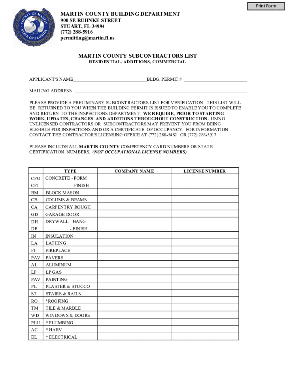 Form FL Building Permit Application Martin County Fill