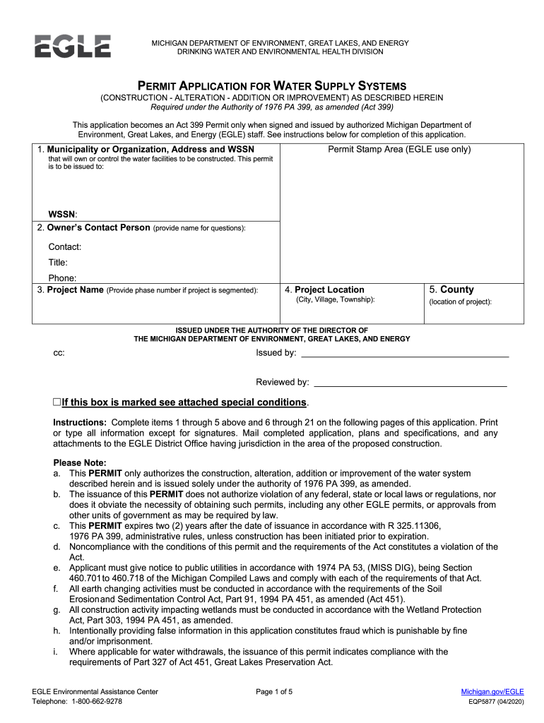 Permit Application for Water Supply Systems State of Michigan  Form