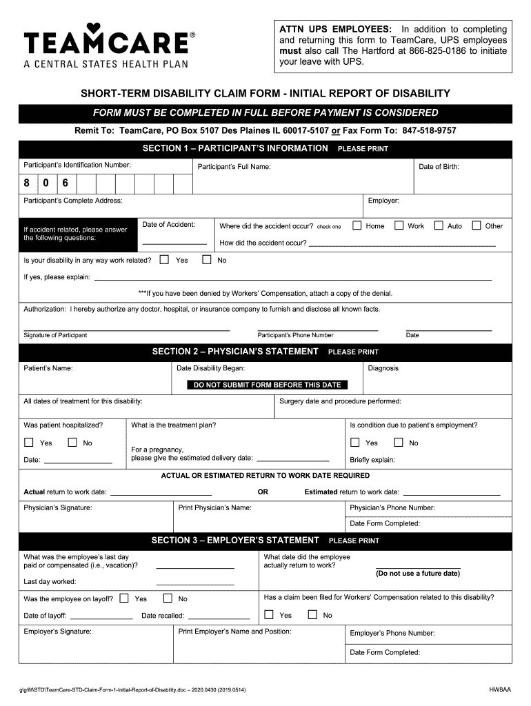  TeamCare STD Claim Form 1 Initial Report of Disability Your TeamCare STD Claim Form 1 Initial Report of Disability 2020-2024