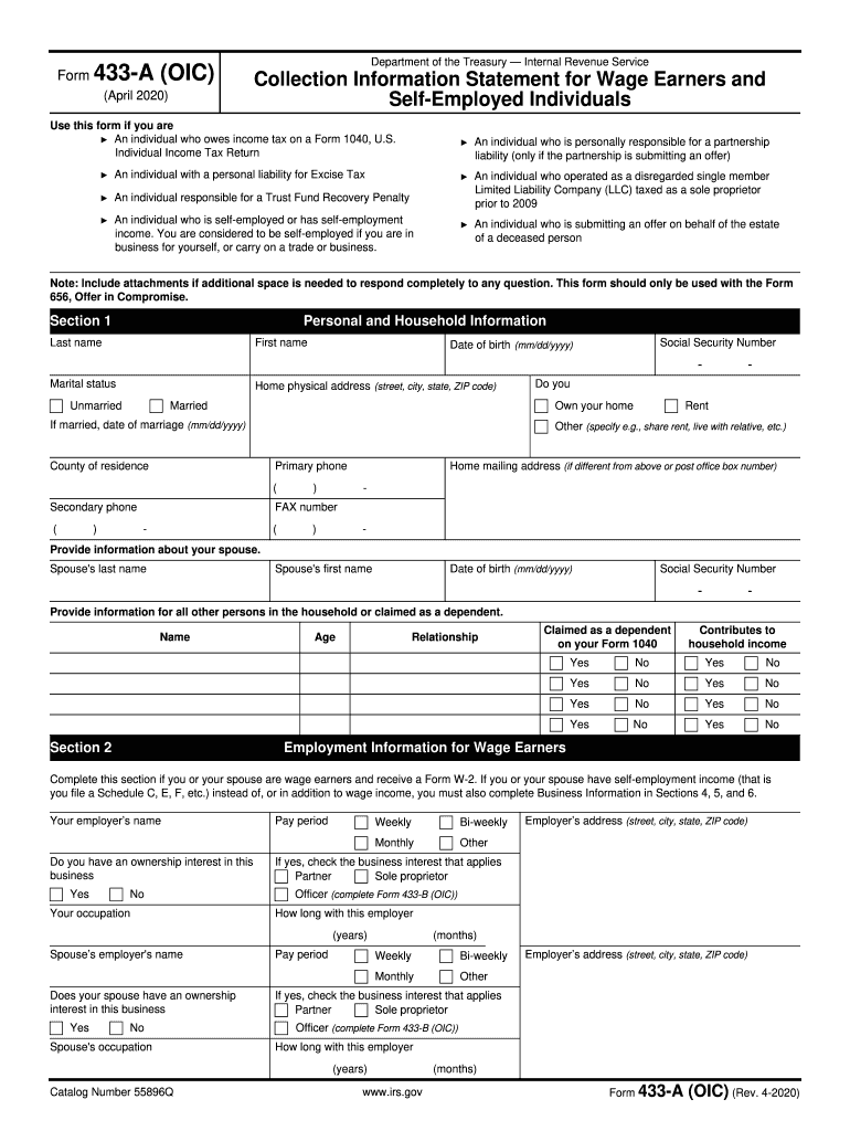  Form 433 a OIC Rev 4 Collection Information Statement for Wage Earners and 2020