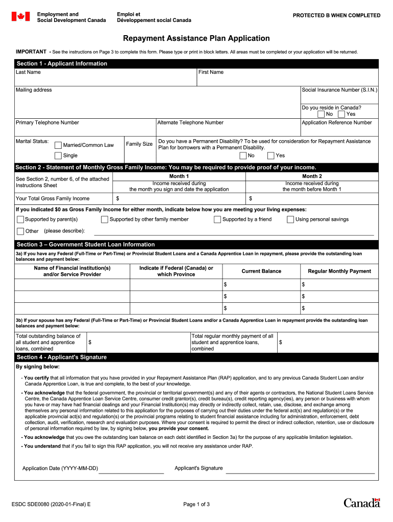  REPAYMENT ASSISTANCE PLAN APPLICATION SDE0080E 2020