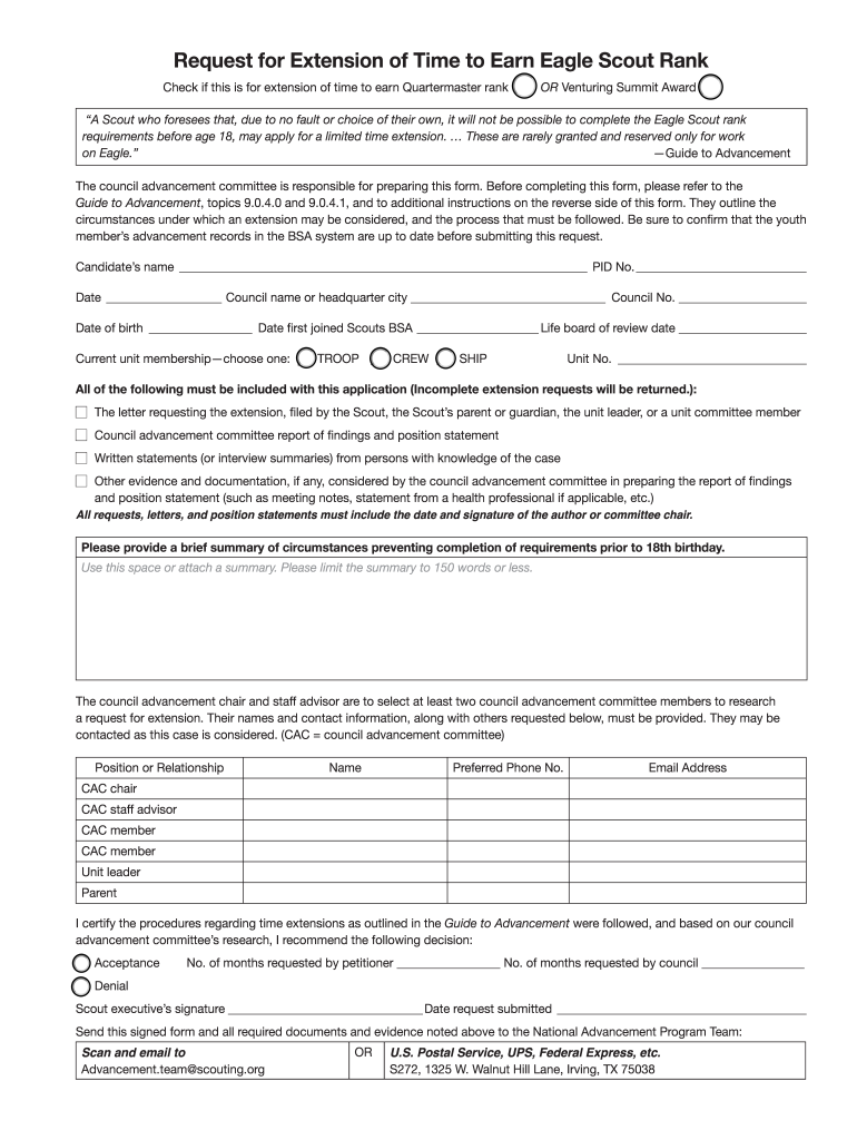 11 2 0 0 Request for Extension of Time to Earn Eagle Scout  Form