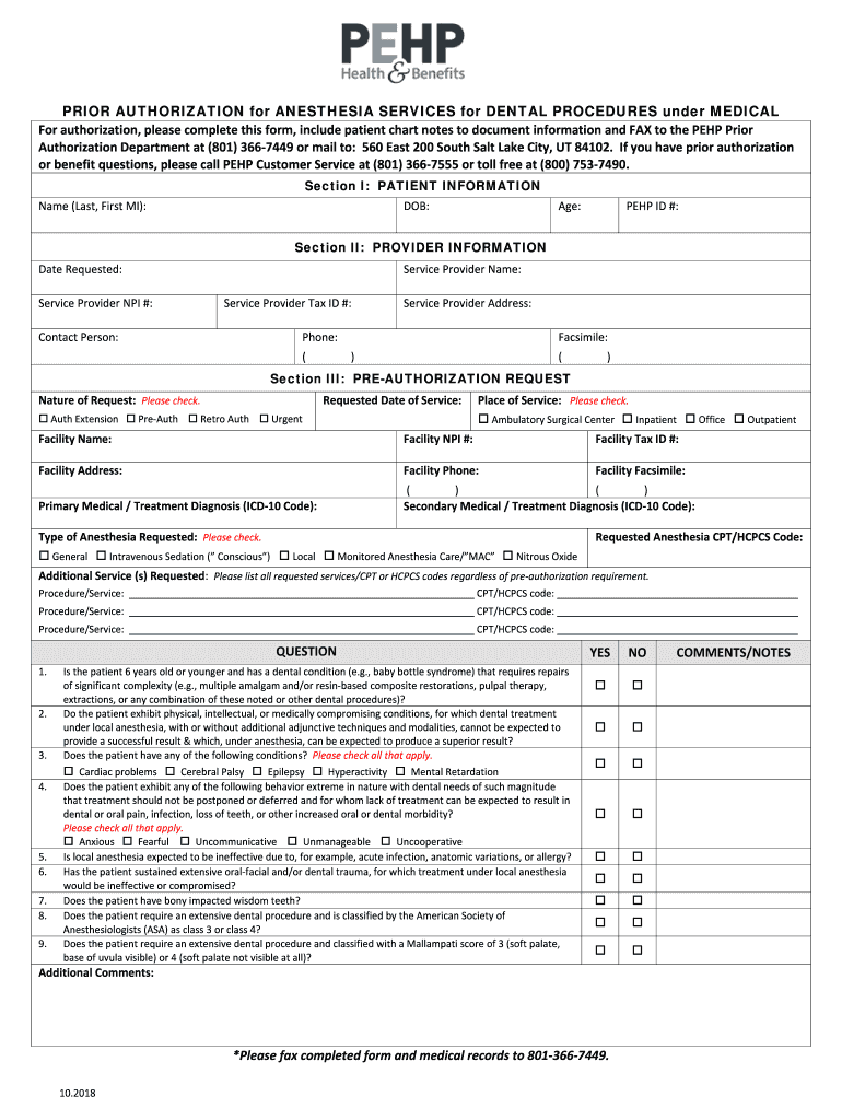  PRIOR AUTHORIZATION for ANESTHESIA SERVICES for DENTAL 2018