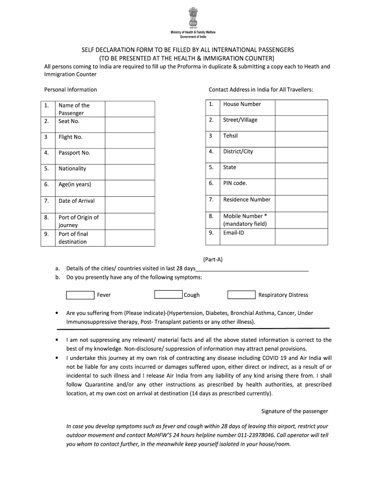 Self Declaration Form to Be Filled by All International Passengers