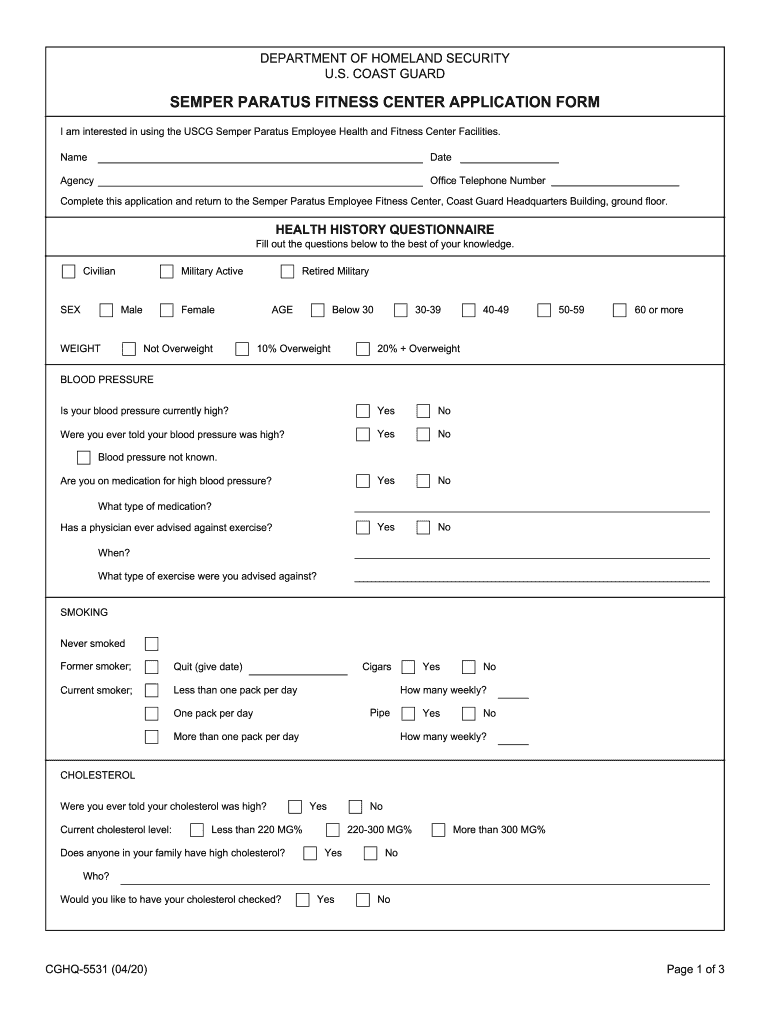 Semper Paratus Fitness Center Application Form Department of