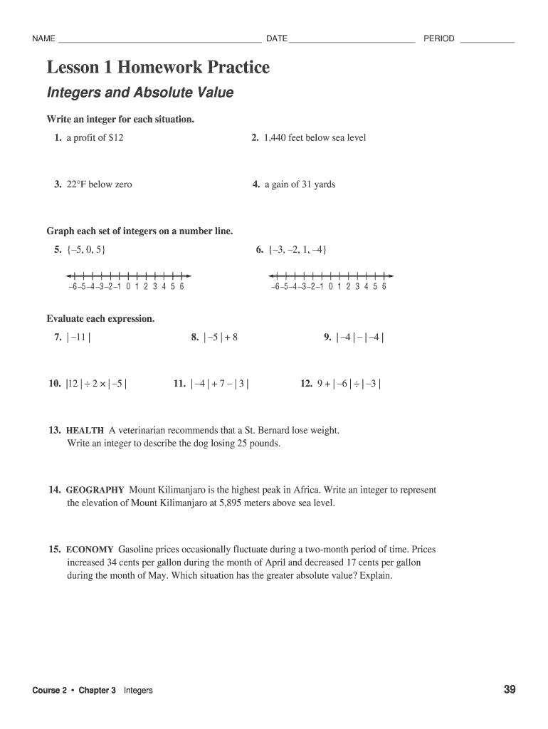 Lesson 1 Homework Practice Integers and Absolute Value  Form