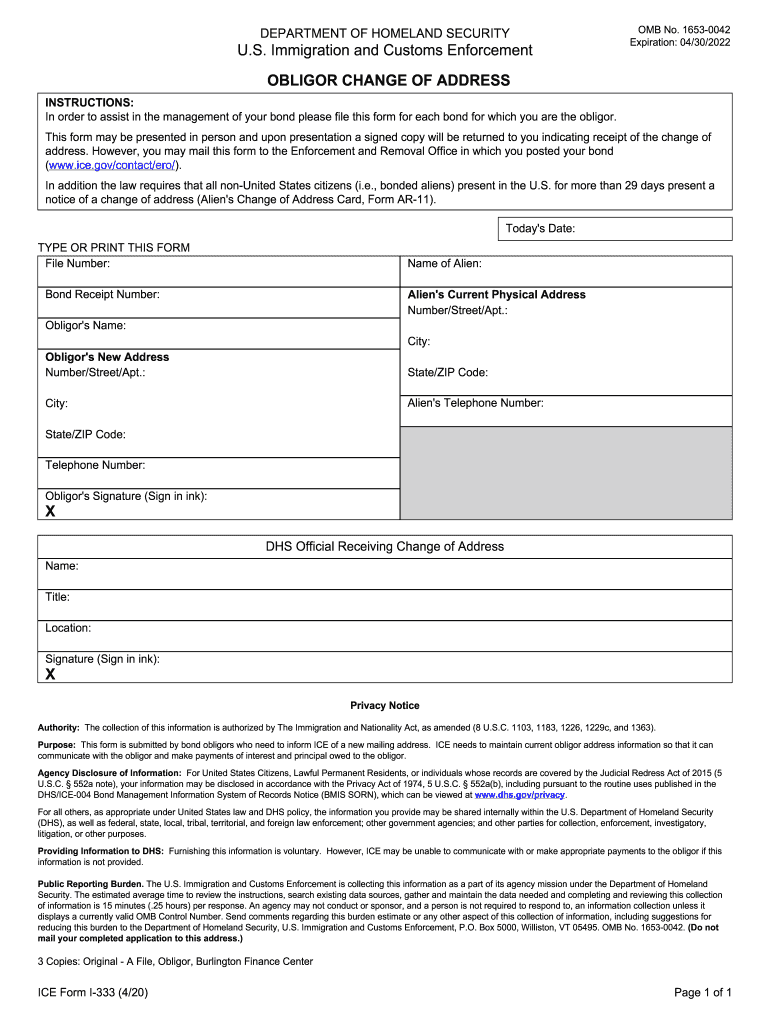 ICE Form I 333 OBLIGOR CHANGE of ADDRESS