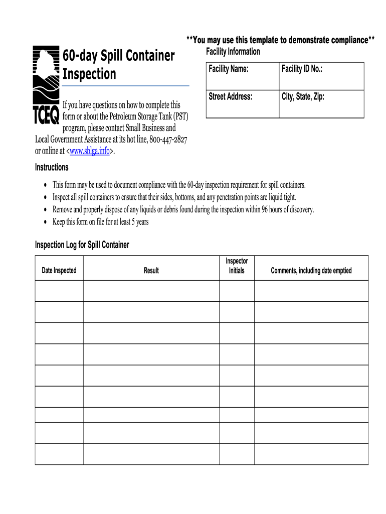 Texas Spill Bucket Inspetion Checklist UST Compliance Notebook  Form