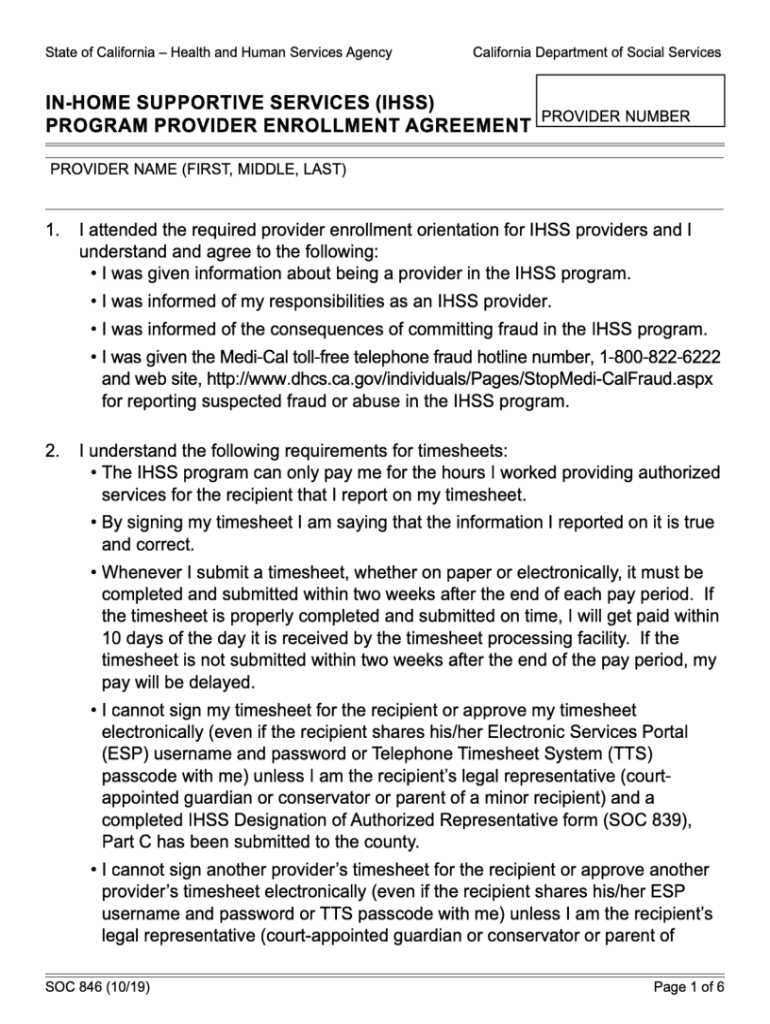  SOC 846 1019 in Home Supportive Services IHSS Program Provider Enrollment Agreement SOC 846 1019 in Home Supportive Services IHS 2019-2024