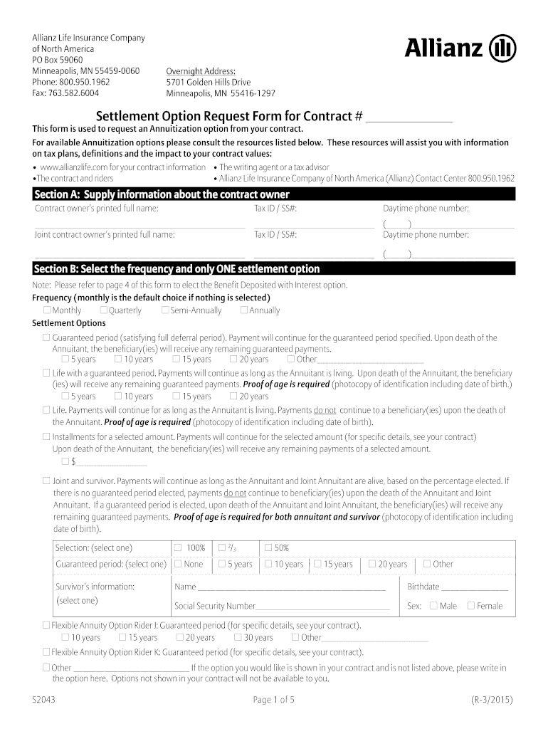  Settlement Option Request Form for Contract Allianz Life 2020-2024