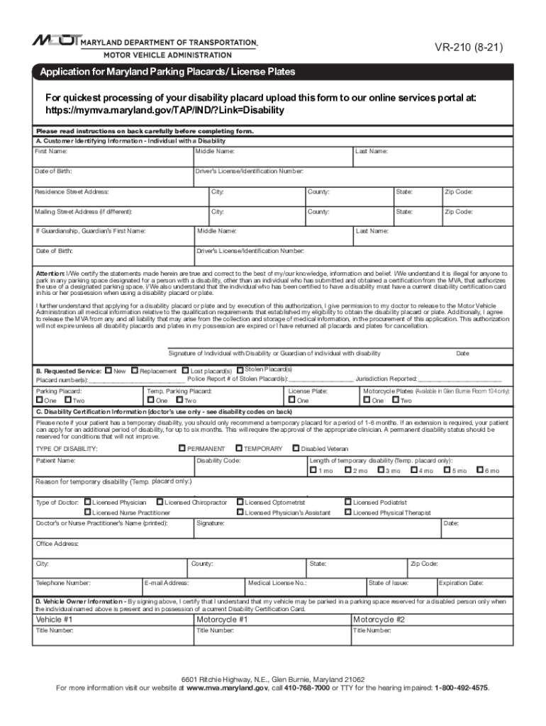 Maryland Handicap Placard Application  Form