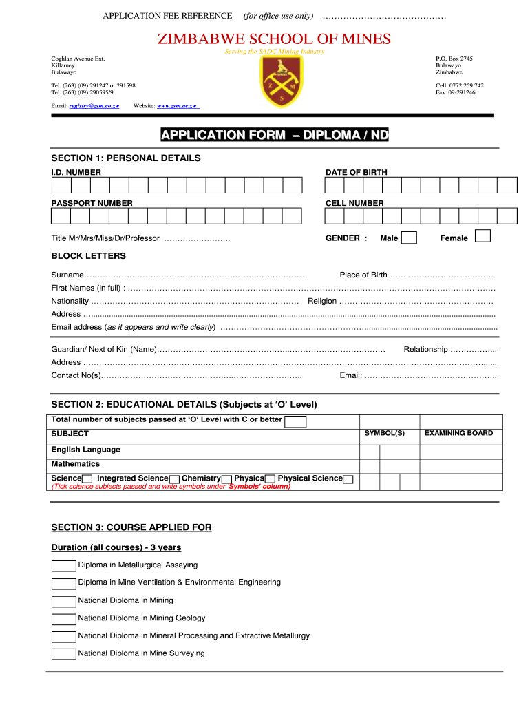 Zimbabwe School of Mines Application Form