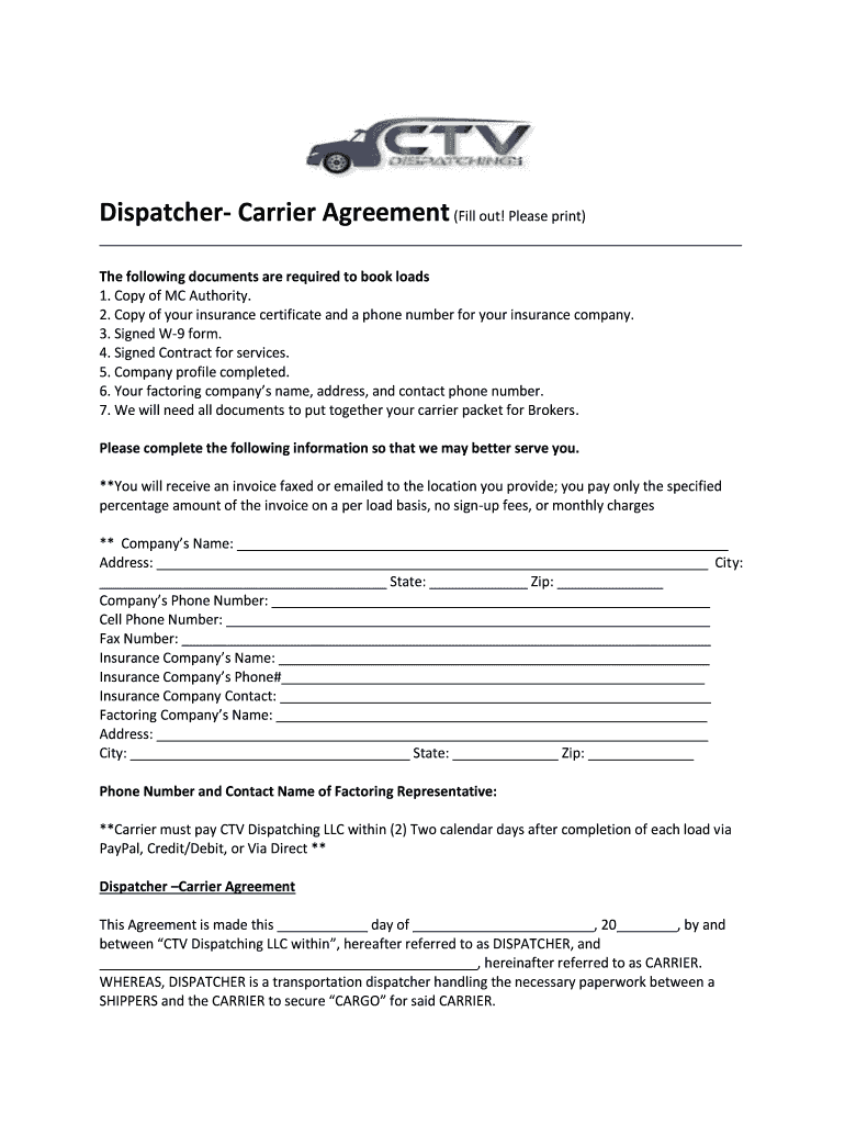 Dispatcher Carrier Agreement Template  Form