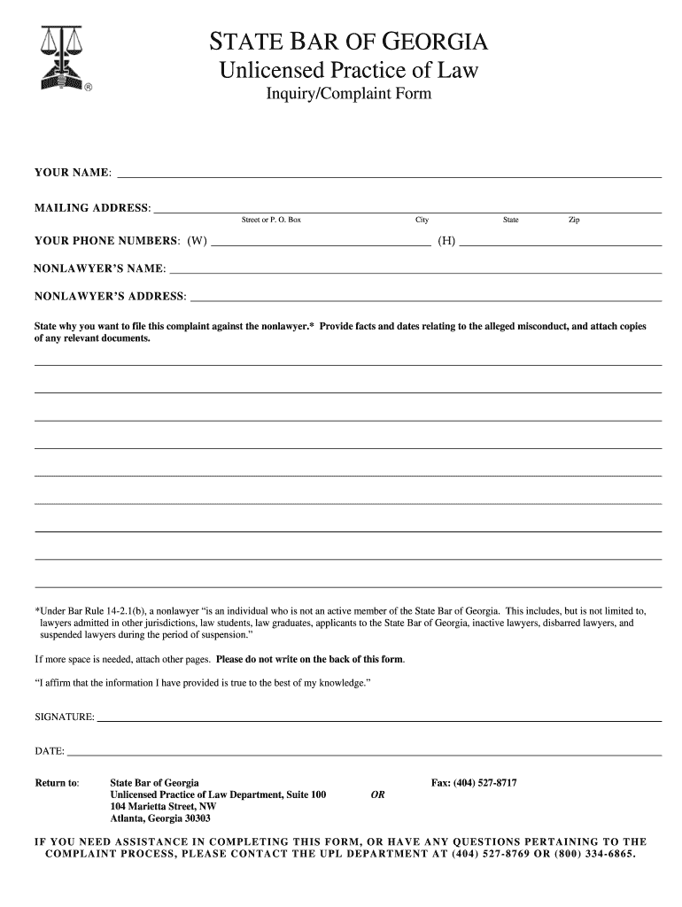  State Bar Complaint Form Ga Fill Online, Printable, Fillable 2017-2024