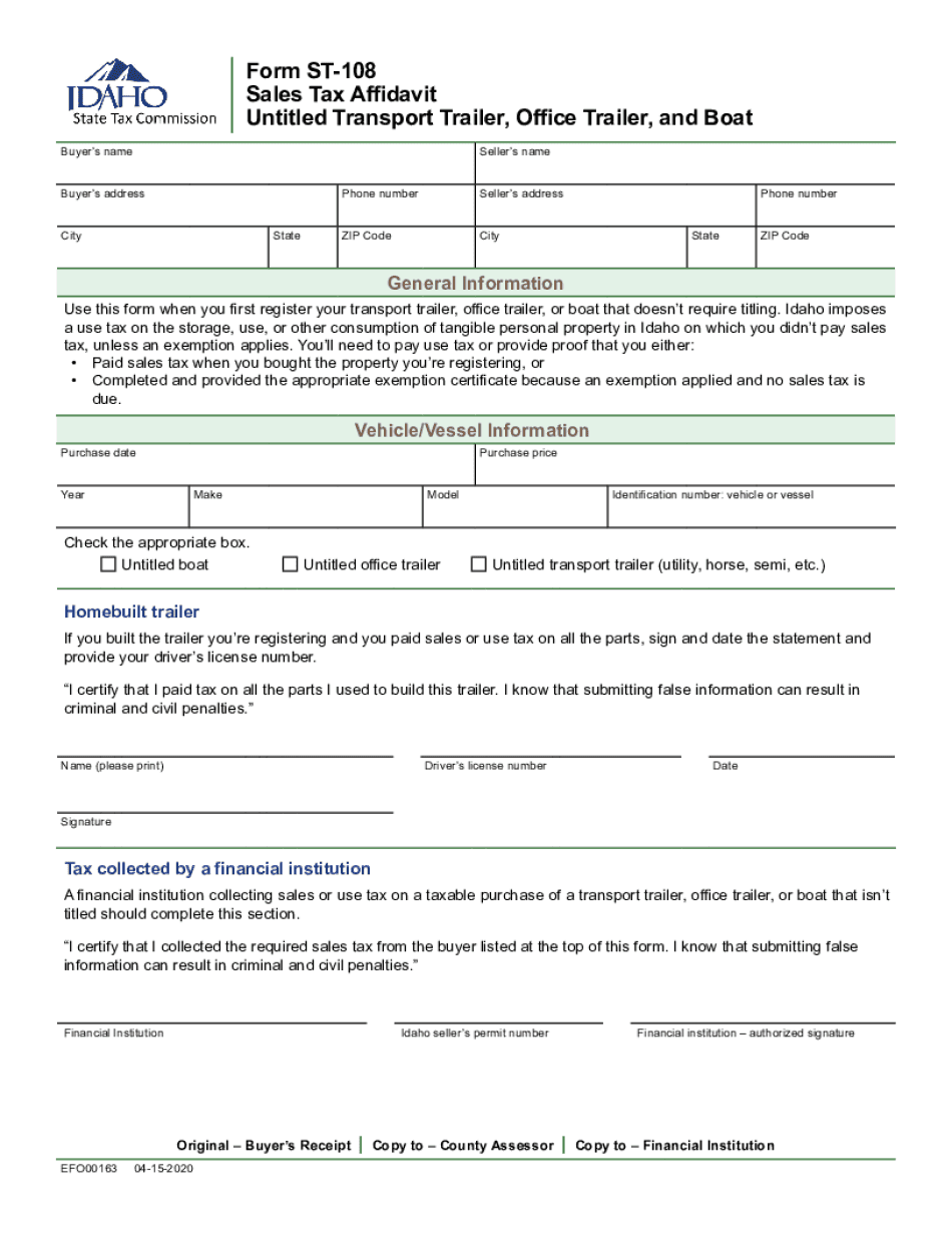  Form ST 108, Sales Tax Affidavit Untitled Transport Trailer, Office 2020-2024