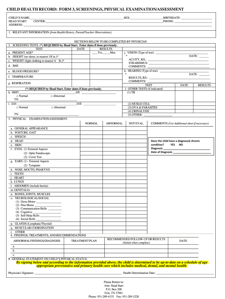 CHILD HEALTH RECORD FORM 3, SCREENINGS