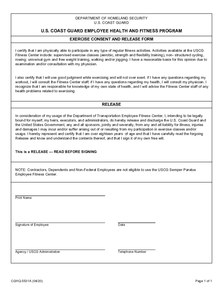 CGHQ 5531A U S Coast Guard Employee Health and Fitness Program  Form