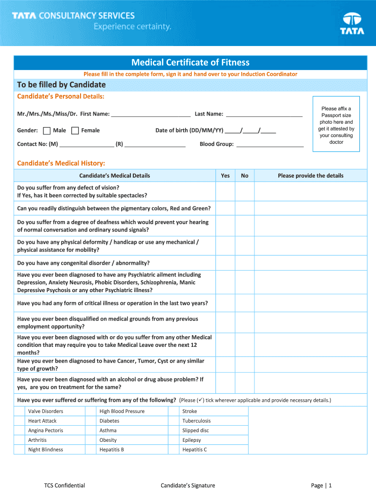 Medical Certificate Format for Tcs