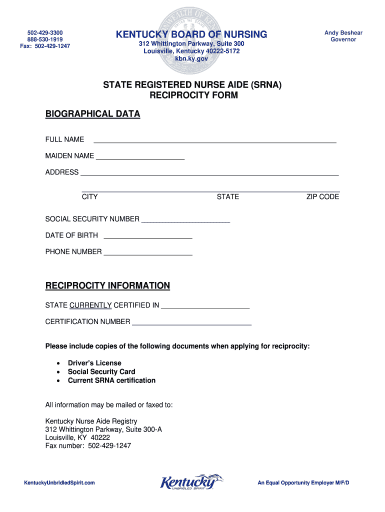 Kentucky Cna Reciprocity  Form