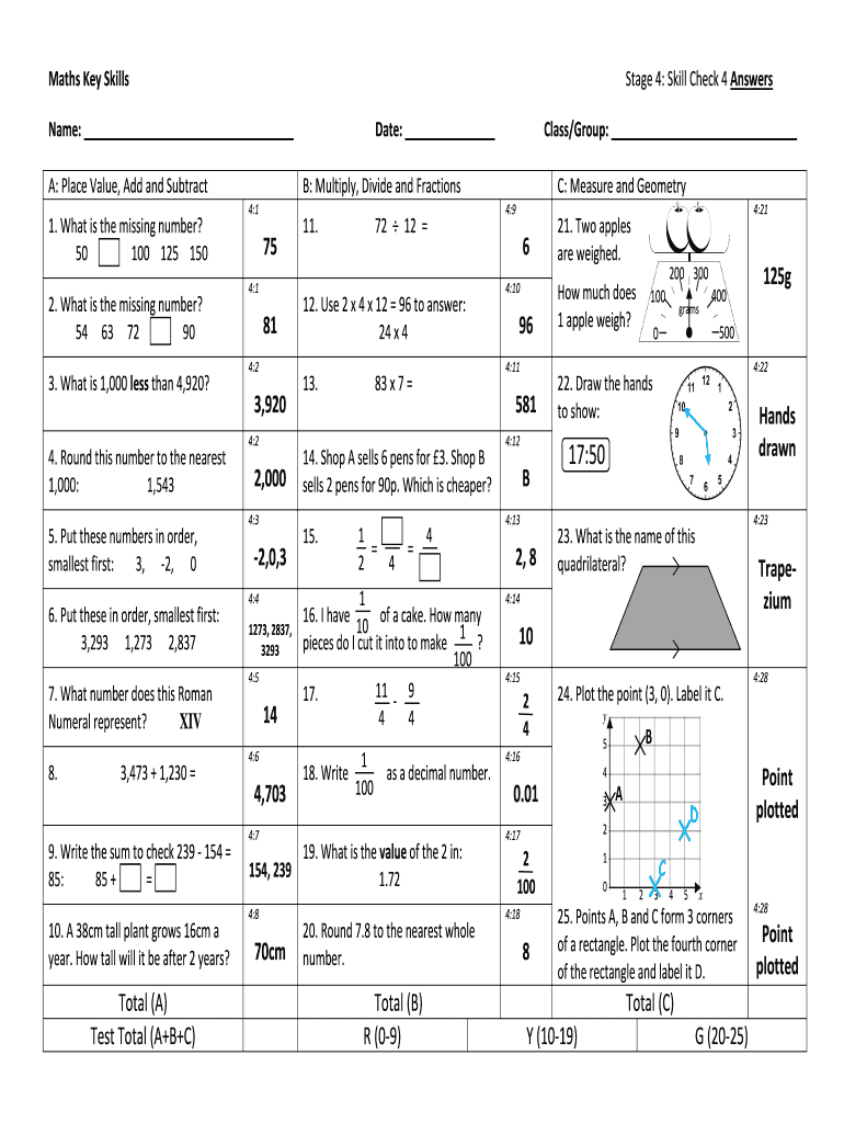 Maths Key Skills Stage 2 Skill Check 4 Answers Name Date  Form