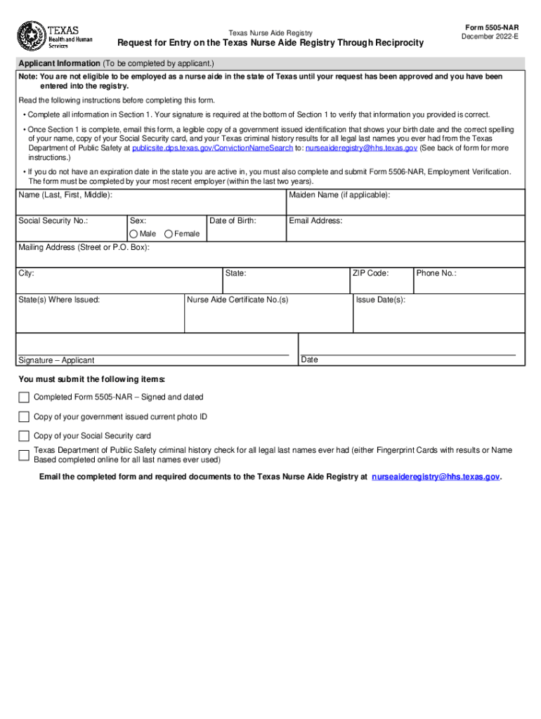  Request for Entry on TheTexas Nurse Aide Registry through Reciprocity Form 5505 NAR 2022-2024