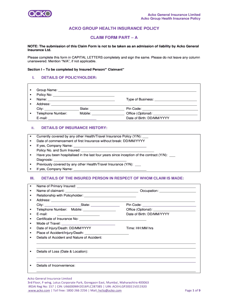 Acko General Insurance Claim Form Part B