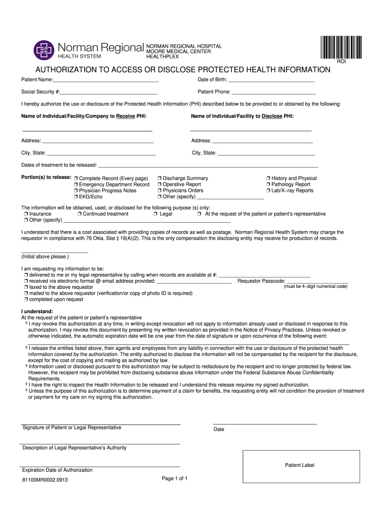 Norman Regional Hospital Medical Records  Form