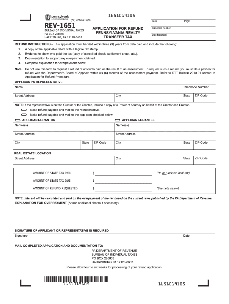 Application for Refund Pennsylvania Realty Transfer Tax REV 1651 2019