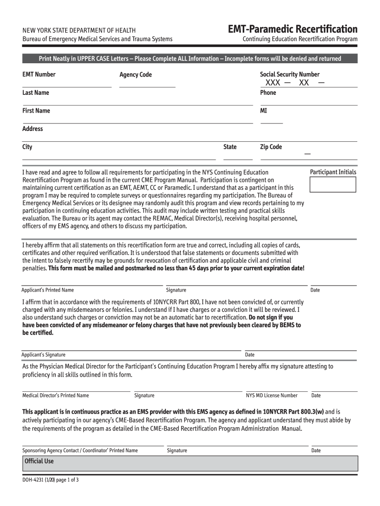 DOH 4231 EMT Paramedic Recertification  Form