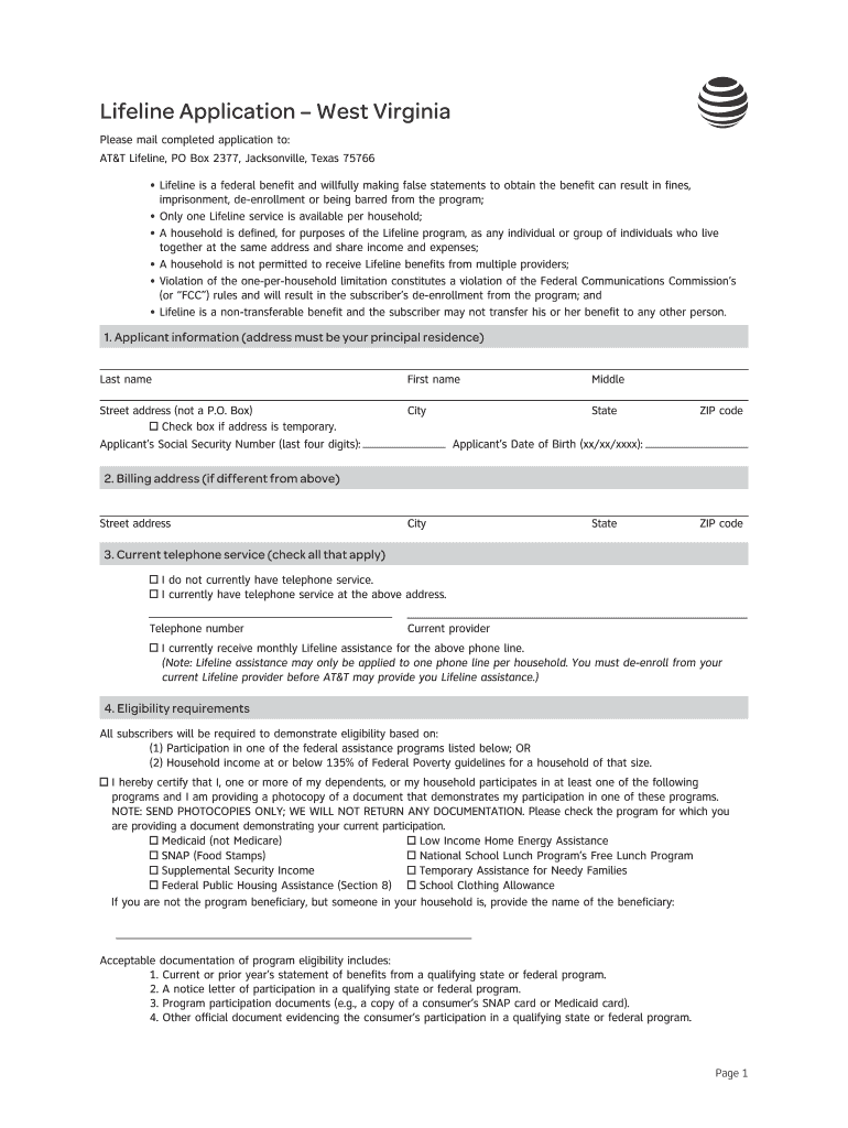  Fillable Online Lifeline Application West Virginia AT&T Fax 2016-2024