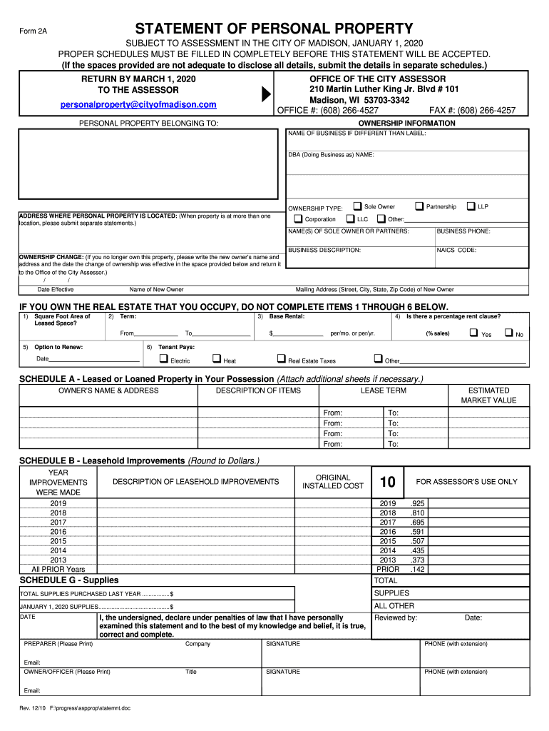  Form 2A Statement of Personal Property City of Madison 2020